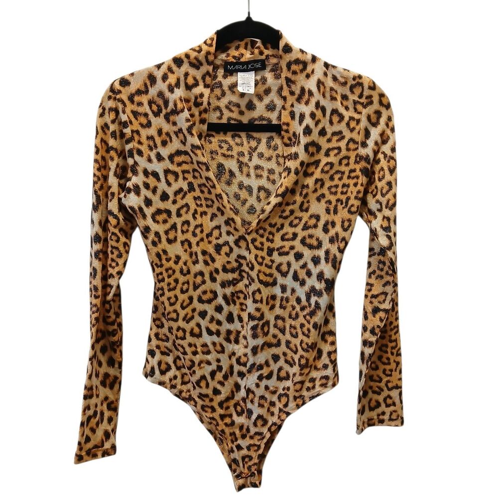 Maria Jose Leopard Print Bodysuit S/M Long Sleeve V-Neck Cheetah Animal Sparkly